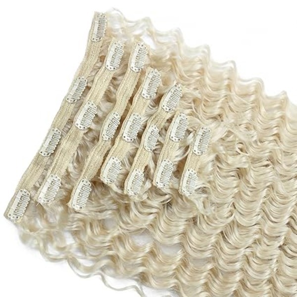 Blonde Deep Curly Clip in Real Human Hair Extensions Full Head 7 Pieces Heat Resistance 