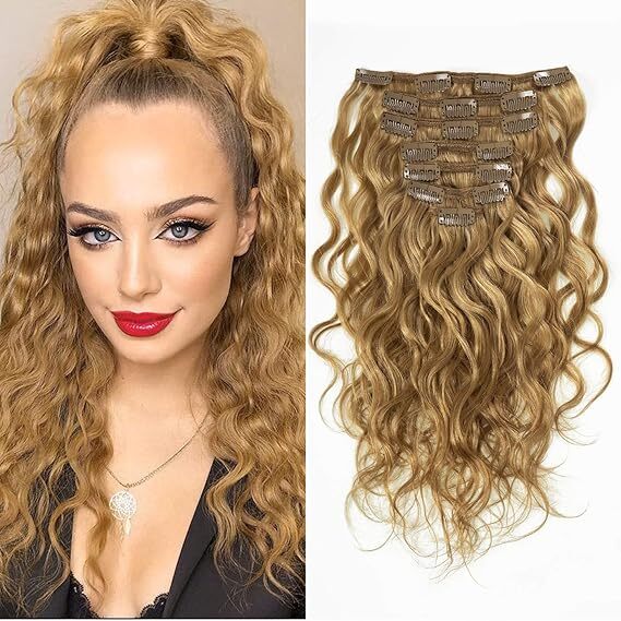16inch Remy Hair Natural Wave Curly Brazilian Hair Strawberry Blonde Color  7Pieces 17 Clips