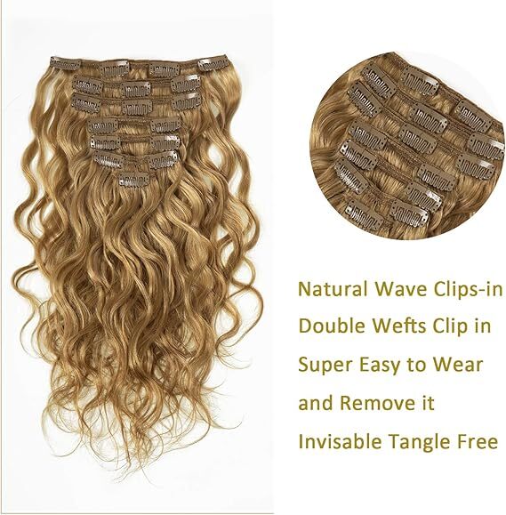 16inch Remy Hair Natural Wave Curly Brazilian Hair Strawberry Blonde Color  7Pieces 17 Clips