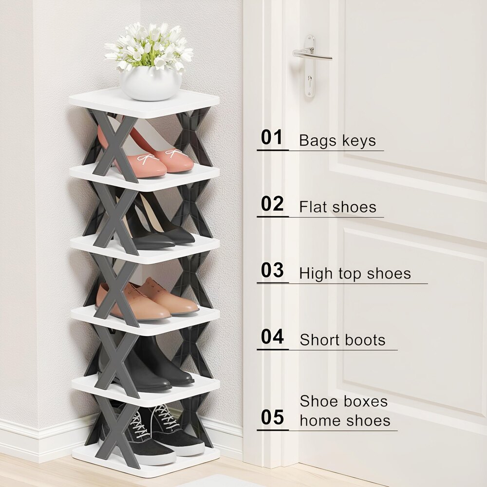 5 Layered Portable Folding Shoe Rack - Durable Plastic, 5 Shelves For 5 Pairs, Glossy White Finish, Free Standing Design For Home And Industrial Use