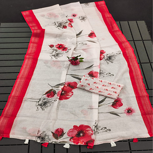 Flower Printed Saree Fabric - Color: Different Available
