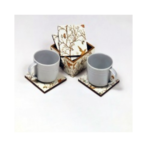 Set of 6 White Bird Print MDF Wood Tea Coasters with Stand