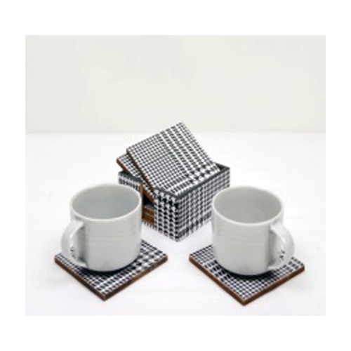 Set of 6 MDF Wood Tea Coasters with Stand (Black Check)