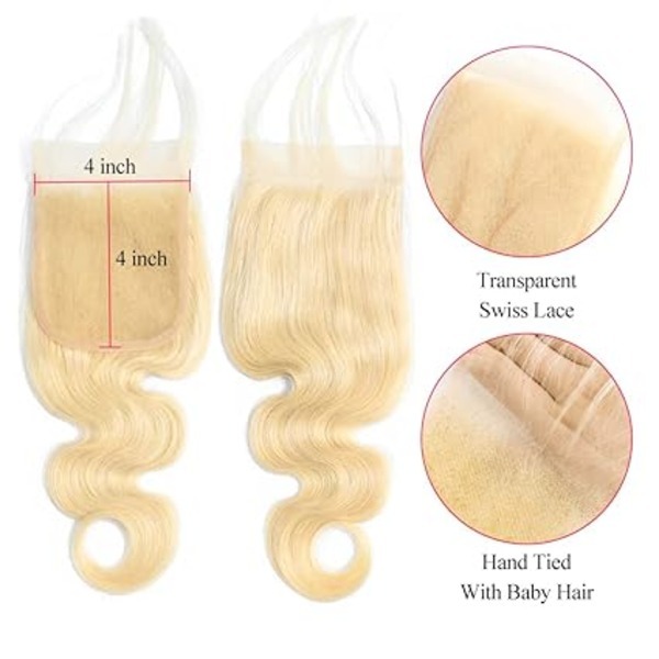 613 Blonde Lace Closure Body Wave 4x4 Invisible Transparent HD Lace Hair Closure  100% Russian Blonde Human Hair Extensions for Women Pre Plucked with Baby Hair 20 Inch