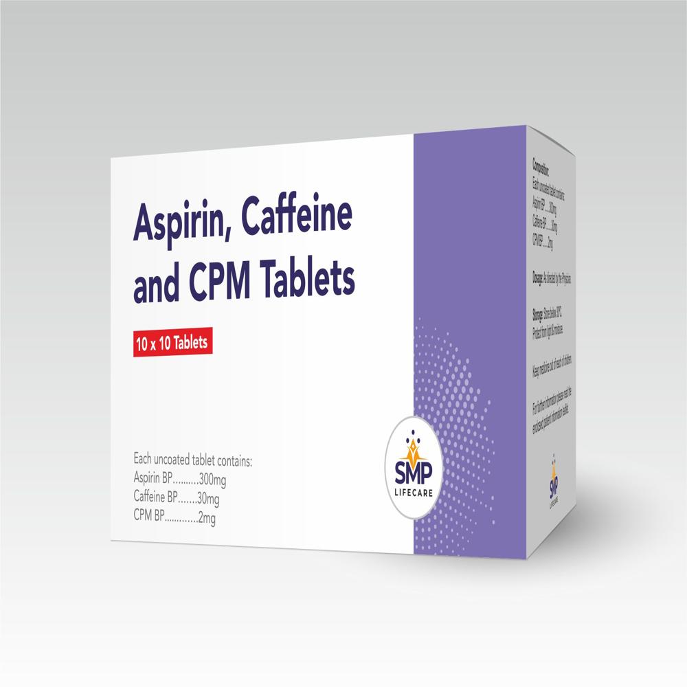 Apirin 300mg, Caffeine 30mg and CPM 2mg Tablets