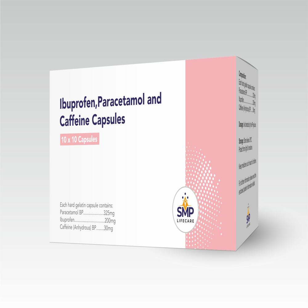 Ibuprofen 200mg, Paracetamol 325mg and Caffeine 30mg Capsules