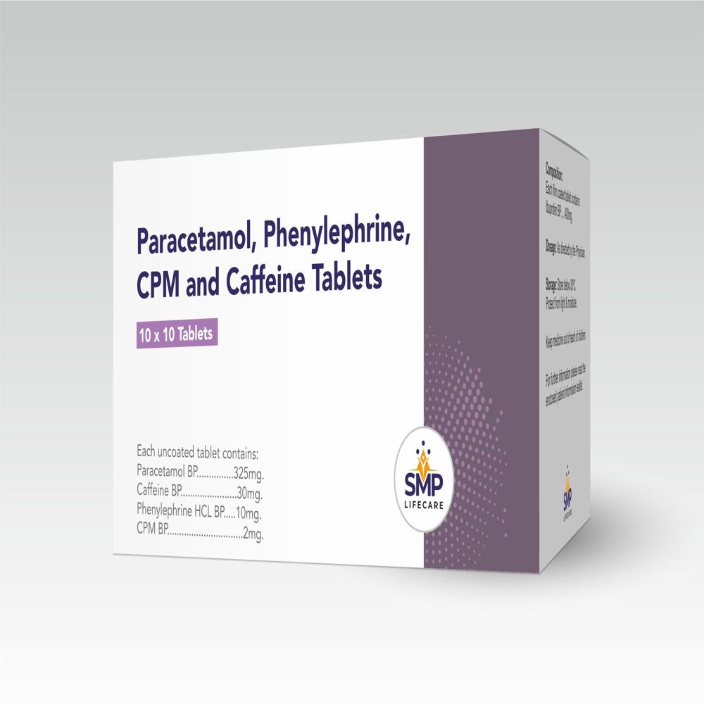 Paracetamol 325mg, Caffeine 30mg, Phenylephrine HCL 10mg, CPM 2mg Tablets