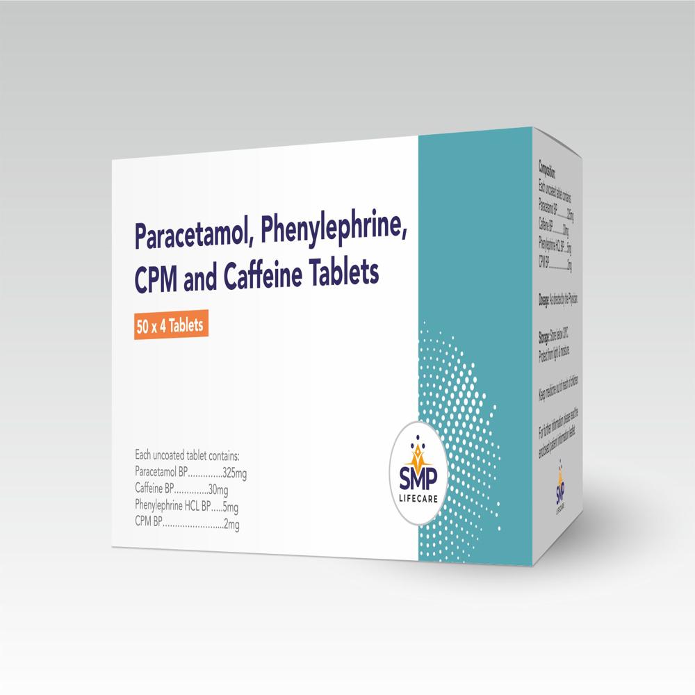 Paracetamol 325mg, Phenylephrine 5mg, CPM 2mg and Caffeine 30mg Tablets