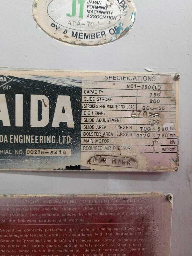 150 T "Aida" (Japan) Cross Shaft Pneumatic Press, C - Frame,