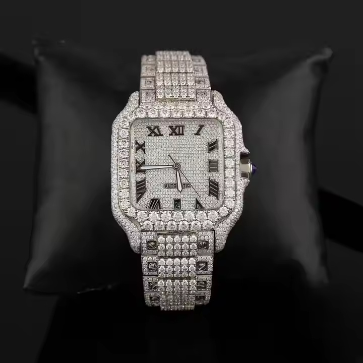 Fully Iced Out Moissanite Diamond Watch For Men Handmade Setting Pass Diamond Tester Watch Roman Dial Wrist Watch Rapper Jewelry - Color: Silver
