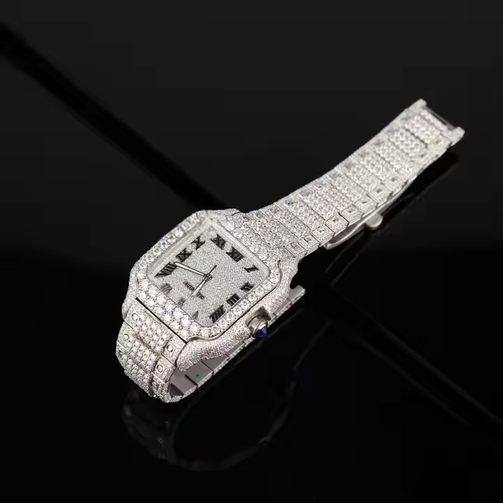 Fully Iced Out Moissanite Diamond Watch for Men Handmade Setting Pass Diamond Tester Watch Roman Dial Wrist Watch Rapper Jewelry