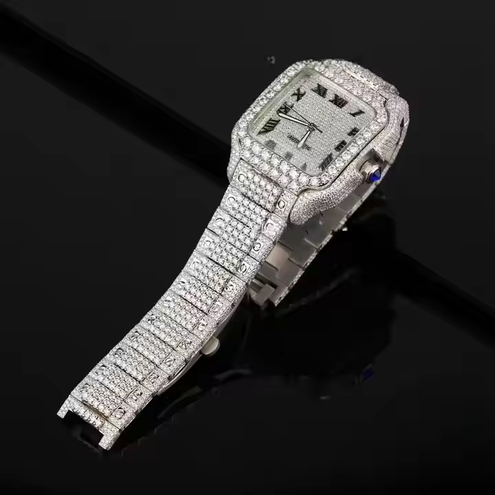 Fully Iced Out Moissanite Diamond Watch for Men Handmade Setting Pass Diamond Tester Watch Roman Dial Wrist Watch Rapper Jewelry