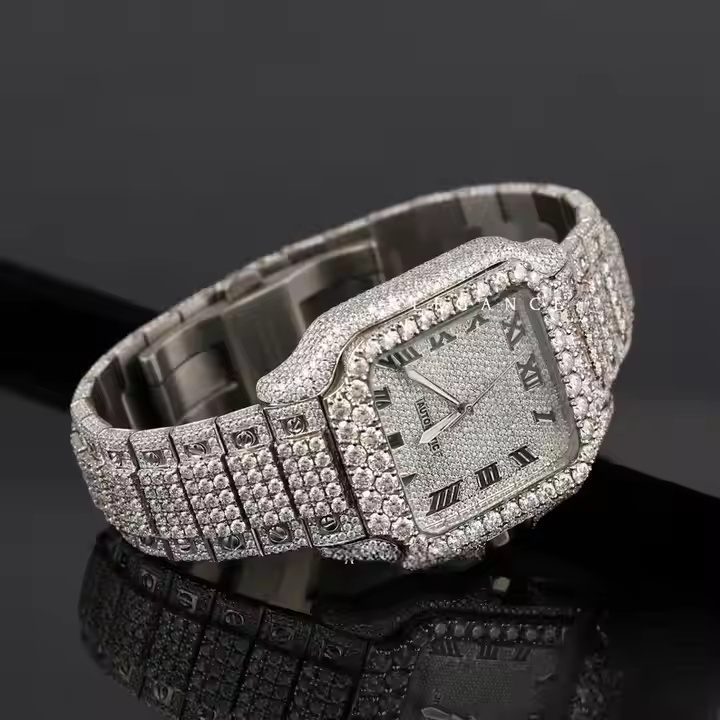 Fully Iced Out Moissanite Diamond Watch for Men Handmade Setting Pass Diamond Tester Watch Roman Dial Wrist Watch Rapper Jewelry