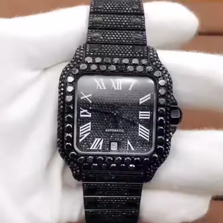 Luxury Hip Hop Black Moissanite Diamond Watch Customized Roman Dial Stainless Steel Watch Square Dial Design At Wholesale Price - Features: Automatic