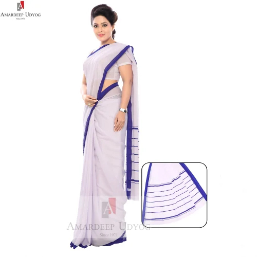 White Saree With Blue Border