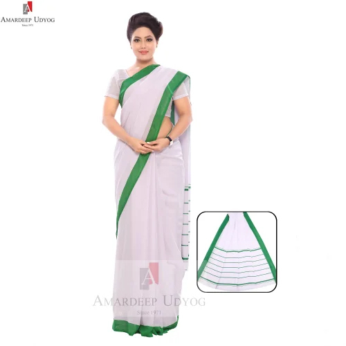 White Saree With Green Border