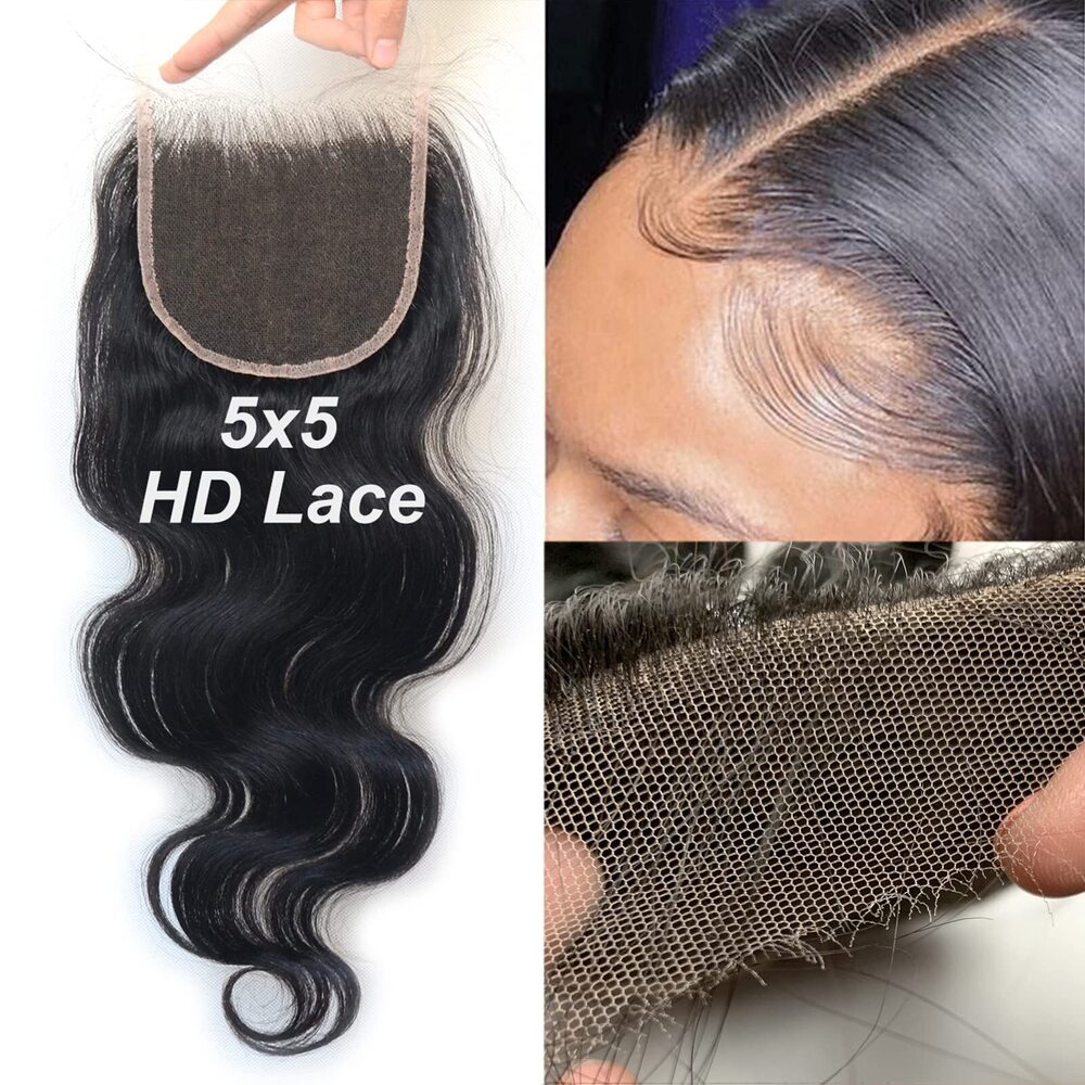 5x5 HD Lace Closure Human Virgin Hair Body Wave Pre Plucked Swiss Lace 5x5 Closure with Baby Hair Bleached Knots Natural Color