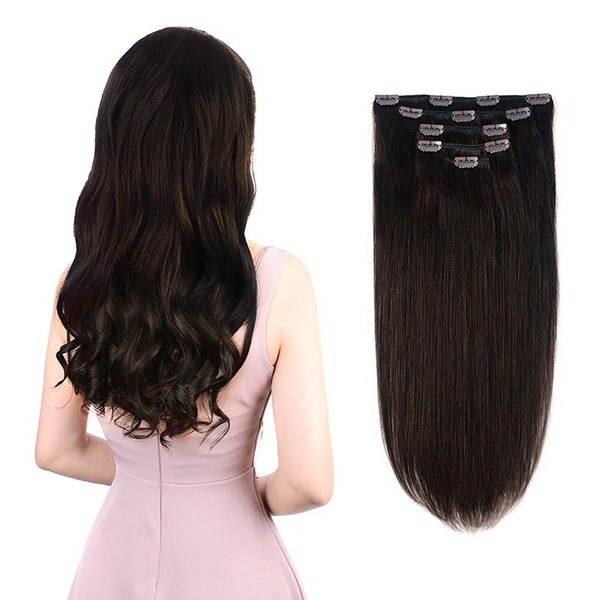 Temporary Hair Extensions Clip In Real Human Hair Brown Straight