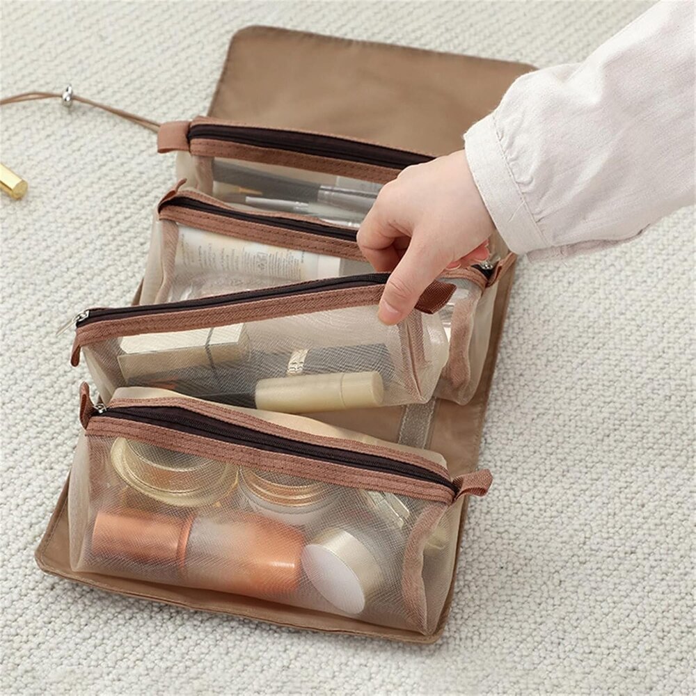 4 In 1 Hanging Travel Toiletry Bag - Polyester, Different Size Compartments, Lovely Pink Color | Zipper Top Closure, Convenient Handle For Hanging