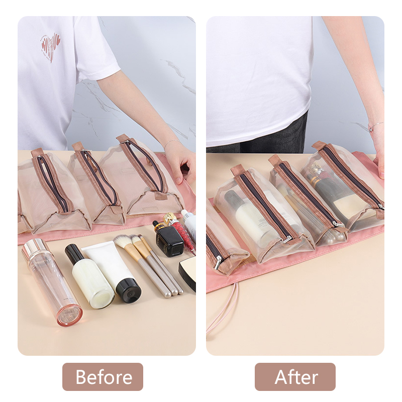 4 In 1 Hanging Travel Toiletry Bag - Polyester, Different Size Compartments, Lovely Pink Color | Zipper Top Closure, Convenient Handle For Hanging