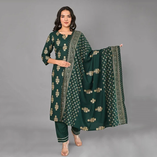 Rayon Kurti Pant Dupatta Set - Color: Different Available