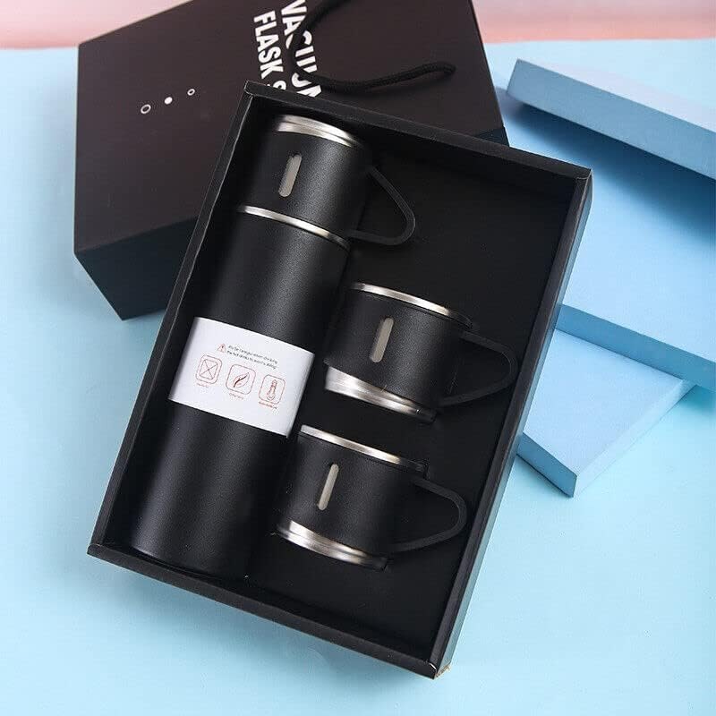 Vacuum Flask With 2 Cups Gift Set - Stainless Steel, 500ml, Matte Black | Durable, Sustainable, Bohemian Design With 6-12 Hour Thermal Insulation