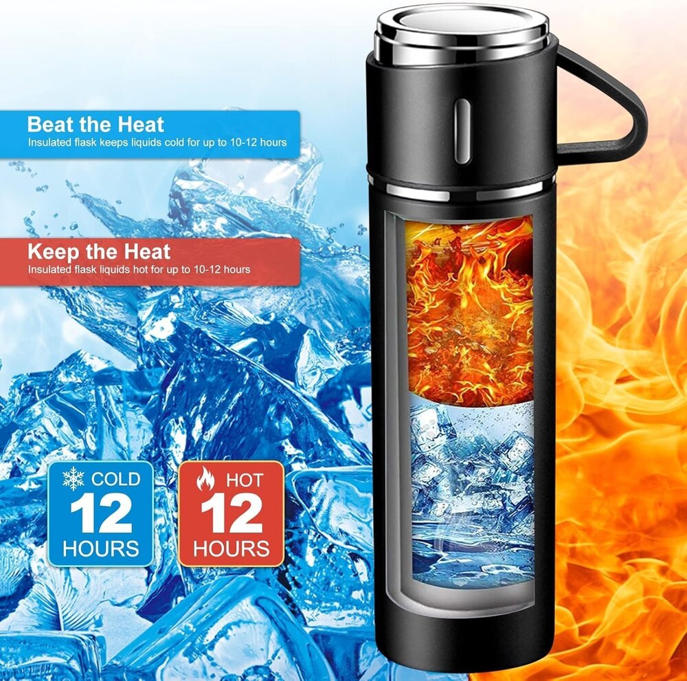 Vacuum Flask With 2 Cups Gift Set - Stainless Steel, 500ml, Matte Black | Durable, Sustainable, Bohemian Design With 6-12 Hour Thermal Insulation