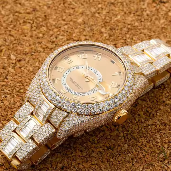 Antique Bezel Setting Vvs Clarity Moissanite Diamond Studded Wrist Watch For Men Fashion Jewelry Manufacturer Factory Price - Color: Yellow