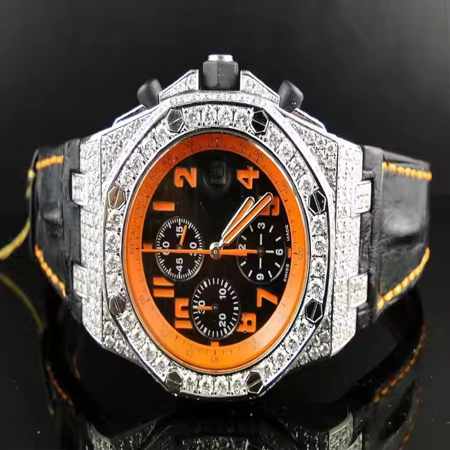 Fashion Watches Men's 41mm Dial Watch Gra Moissanite Screw On Bezel Orange Needle Black Lather Strap Watch - Features: Automatic