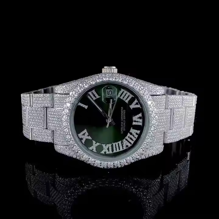 Fully Iced Out Green Dial Moissanite Diamond Studded Watch For Men Rapper Jewelry 41mm Automatic Movement Watch Hiphop Watch - Color Of Band: Silver