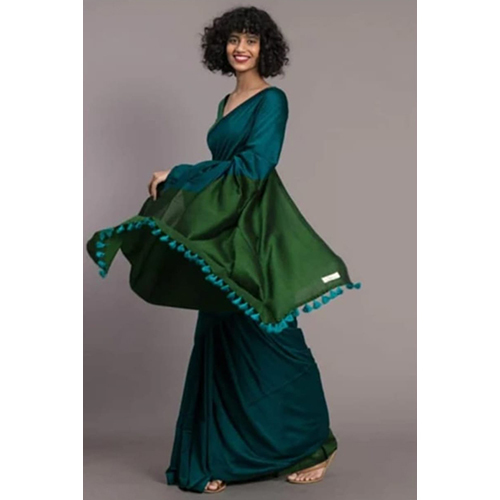 Dual Color Soft Cotton Hand Loom Saree With Bp - Color: Different Available