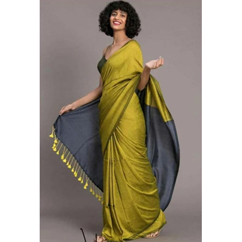 Dual Color Soft Cotton Hand Loom Saree With Bp - Color: Different Available