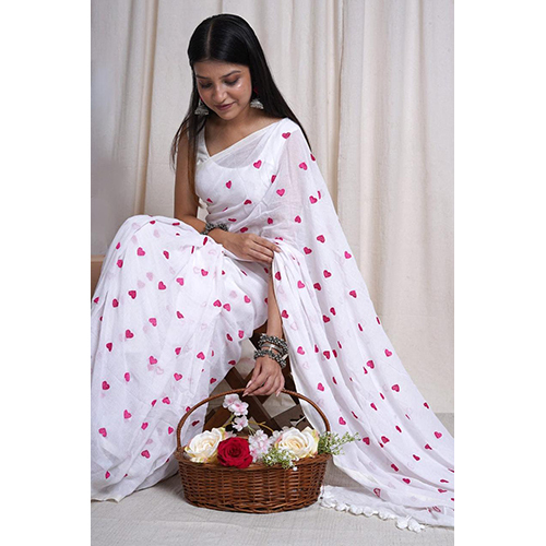 White Pure Mull Cotton 120 Count Love Motive Embroideries Saree