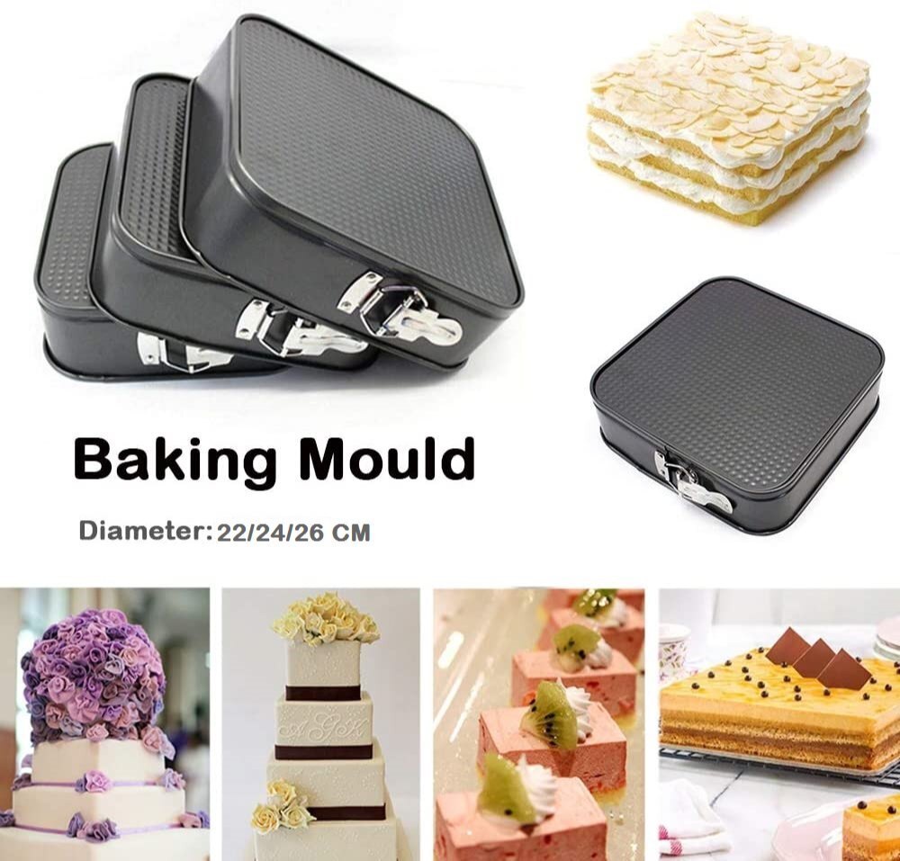 Square Cake Mould Set - Durable Plastic, 22cm, 24cm, 26cm | Ideal For Home Baking, Manual Installation For Versatile Cake Creation
