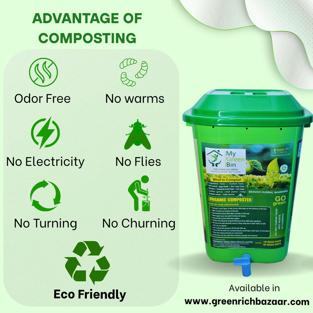 25 Ltrs Bio Compost Bin1 Set With 5 Ltr Microbes-mygreenbin - Color: Green