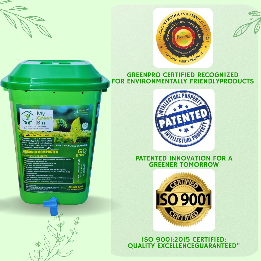 25 Ltrs Bio Compost Bin1 Set With 5 Ltr Microbes-mygreenbin - Color: Green