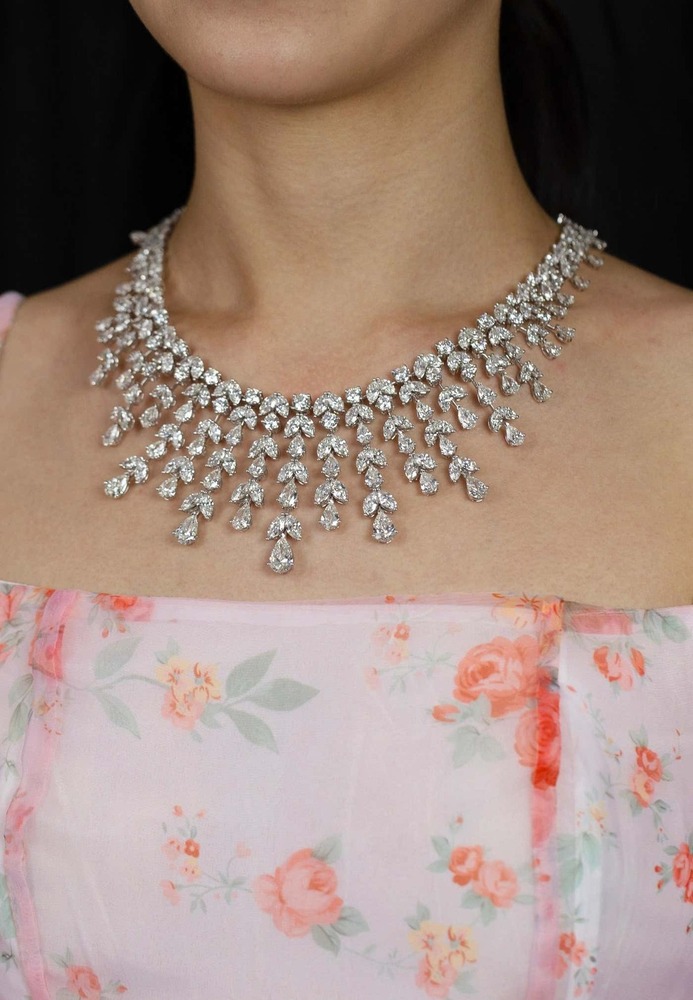 Lab Grown Diamond Fringe Statement Bridal Necklace - Color: Colorless