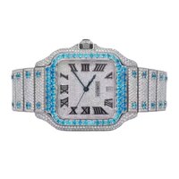 Stylish White Blue Moissanite Fully Iced Out Watch Automatic Hip Hop Watch With Roman Numerals And Date Dial From India - Color Of Band: Silver