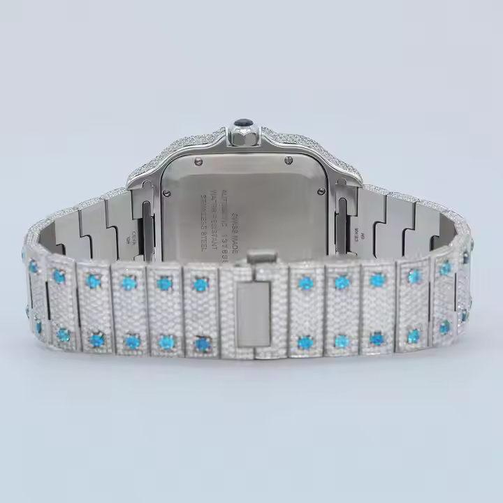 Stylish White Blue Moissanite Fully Iced Out Watch Automatic Hip Hop Watch With Roman Numerals And Date Dial From India - Color Of Band: Silver