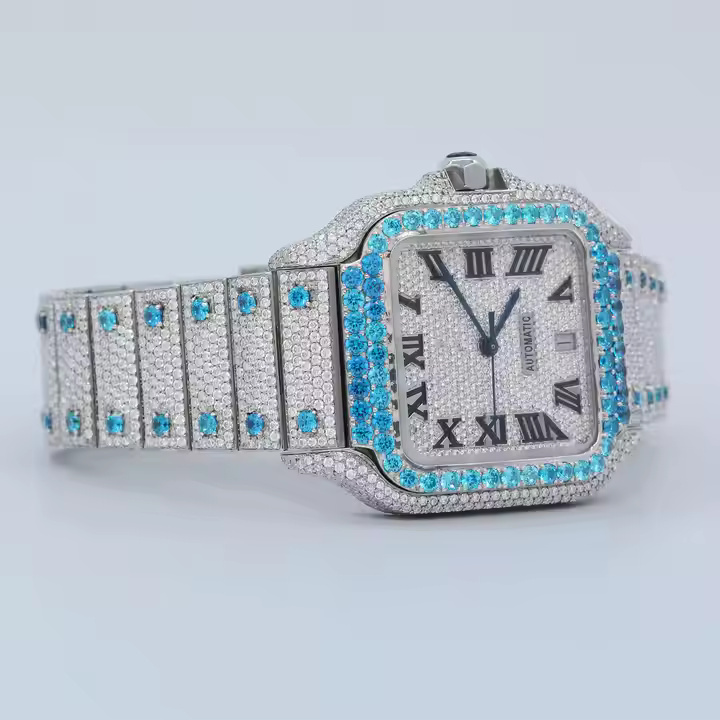 Stylish White Blue Moissanite Fully Iced Out Watch Automatic Hip Hop Watch With Roman Numerals And Date Dial From India - Color Of Band: Silver