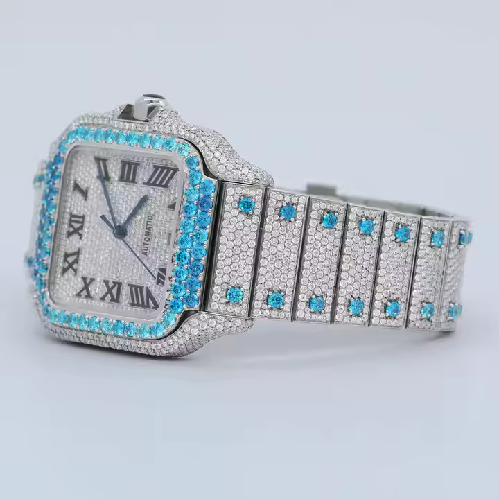 Stylish White Blue Moissanite Fully Iced Out Watch Automatic Hip Hop Watch With Roman Numerals And Date Dial From India - Color Of Band: Silver