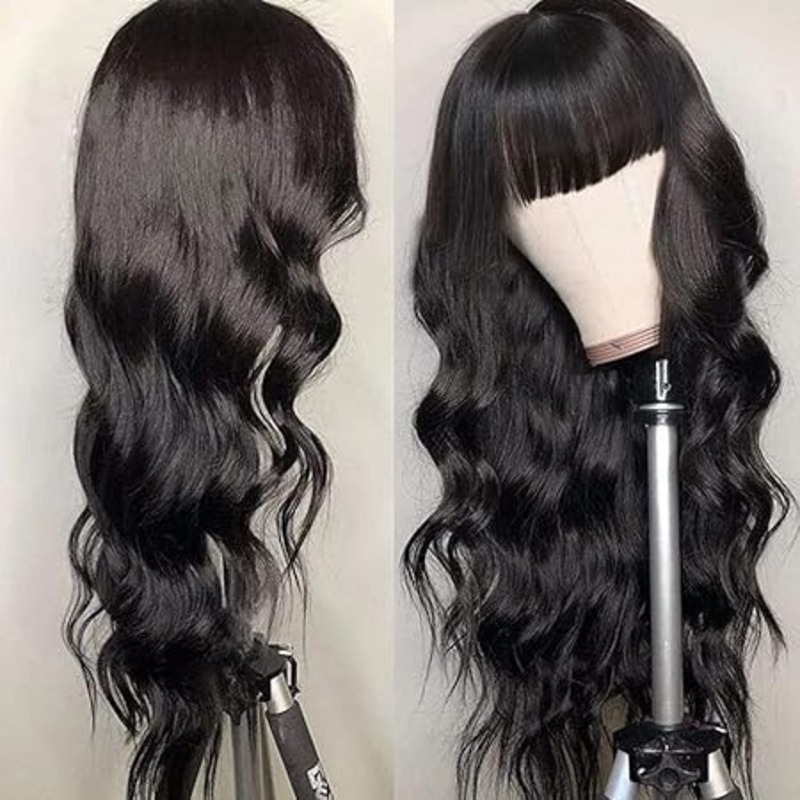 Body Wave Wig with Bangs Long Human Hair 26Inch 200% Density Vendor