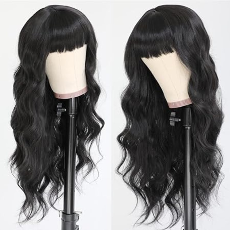 Natural Black Wigs with Full Bangs Long Body Wavy Hair Wig
