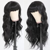Natural Black Wigs with Full Bangs Long Body Wavy Hair Wig