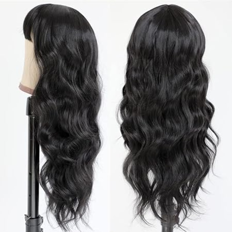 Natural Black Wigs with Full Bangs Long Body Wavy Hair Wig