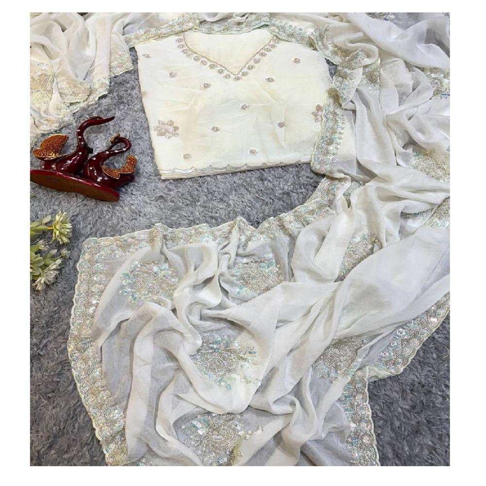 Pure Silk Saree - Space Silk With Crushwork, White Color, Plain Design, Katdana & Sequins Work Blouse - Women's Standard Size