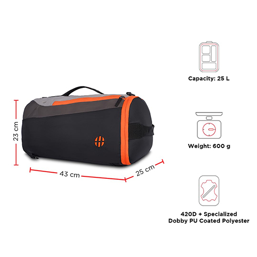 Dazzle Polyester Sporty 25L Black And Orange 3 In 1 Gym Duffle Bag