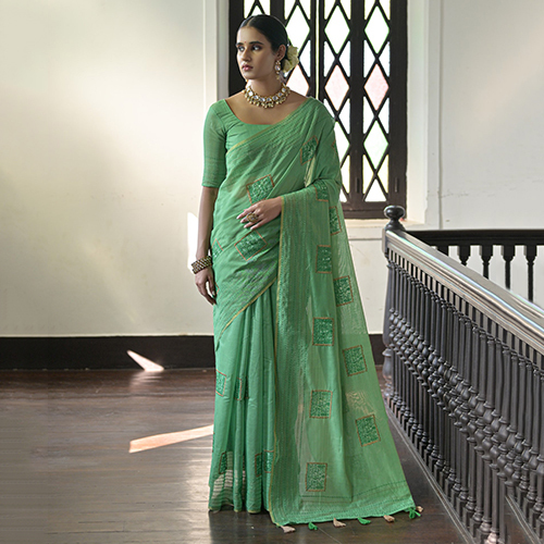Linen Khadi Saree - Color: Green