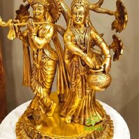 Aakrati Brass Radha Krishna with Tree | Antique Finish Sculpture | Radha Krishna Under Tree ( Yellow, 22 inch)