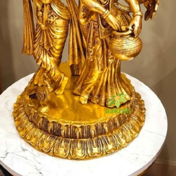 Aakrati Brass Radha Krishna with Tree | Antique Finish Sculpture | Radha Krishna Under Tree ( Yellow, 22 inch)